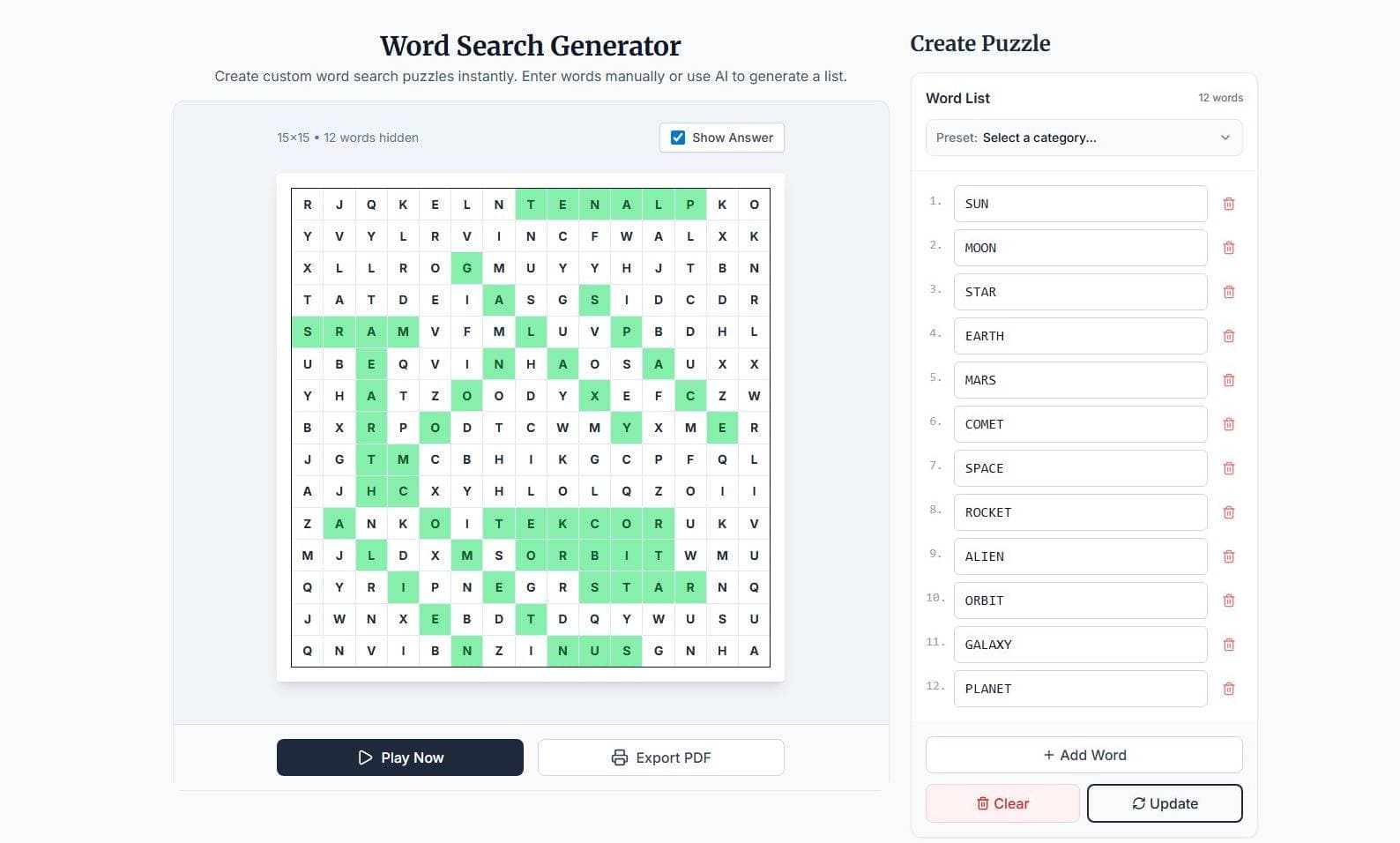 Word Search Generator: Create Custom Word Search Puzzles Online